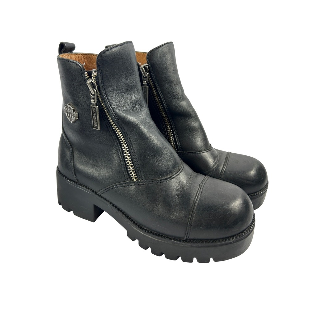 Harley-Davidson Black Leather Double Zip Chunky‎ Lug Sole Biker Boots Size 5.5